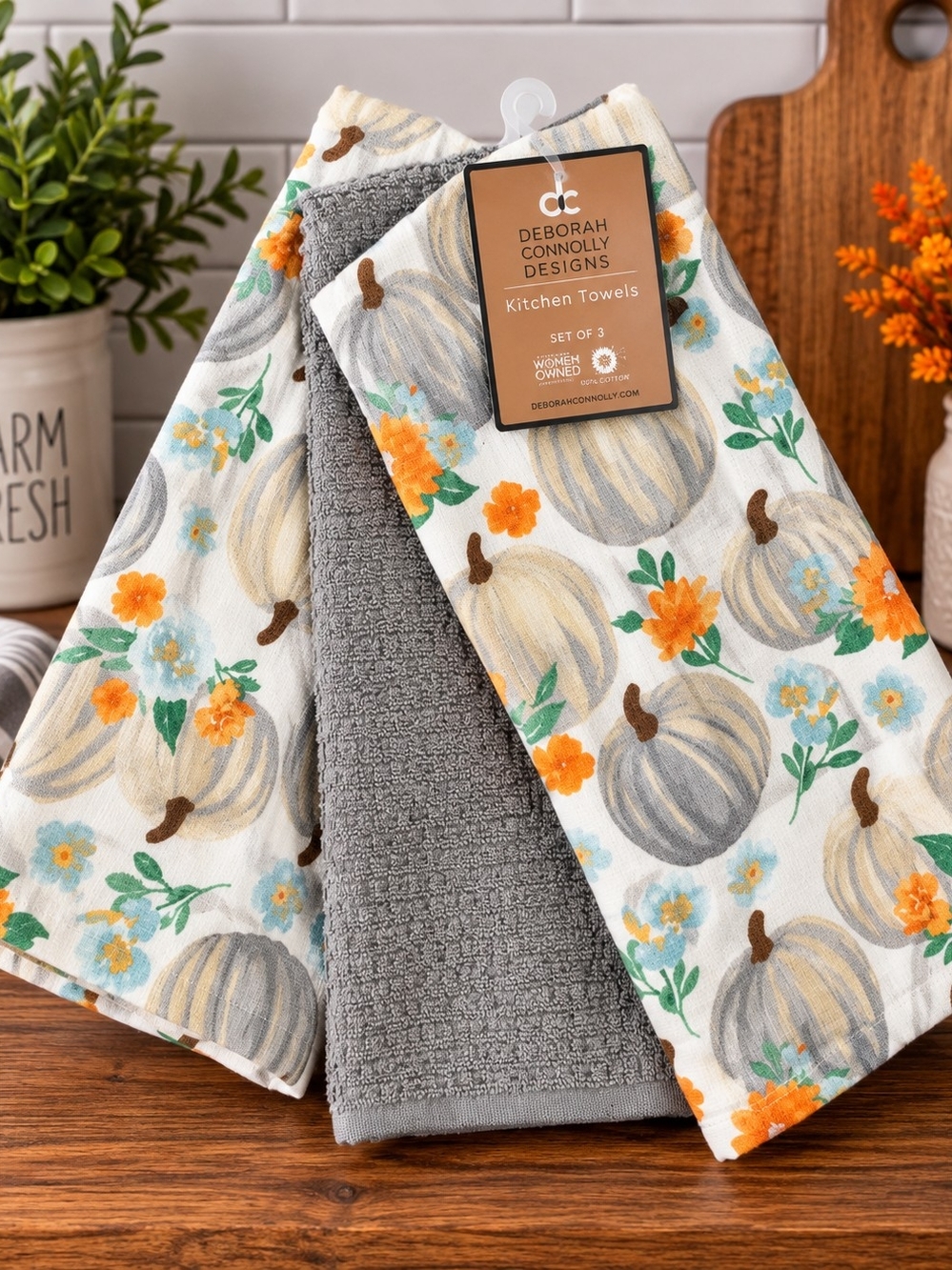 Deborah Connolly Gray Pumpkin & Floral Kitchen Towel Set - 3 Pack